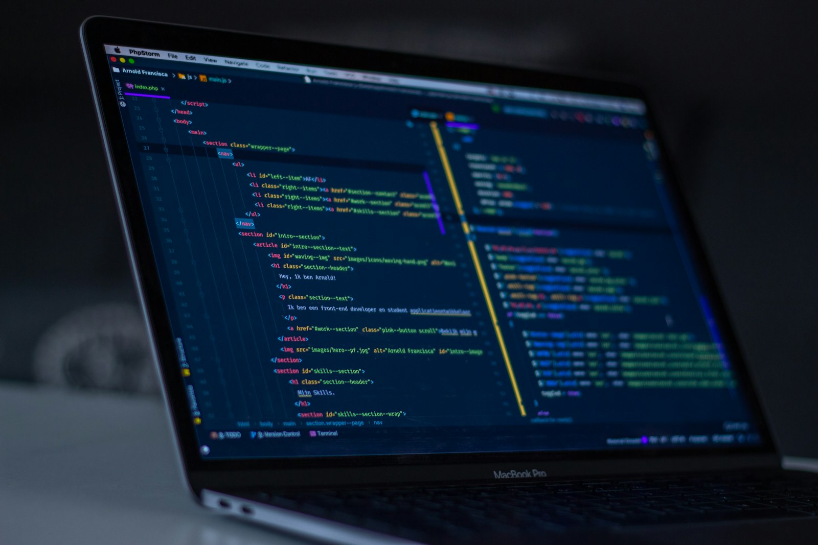 Colorful source code on a screen, close up