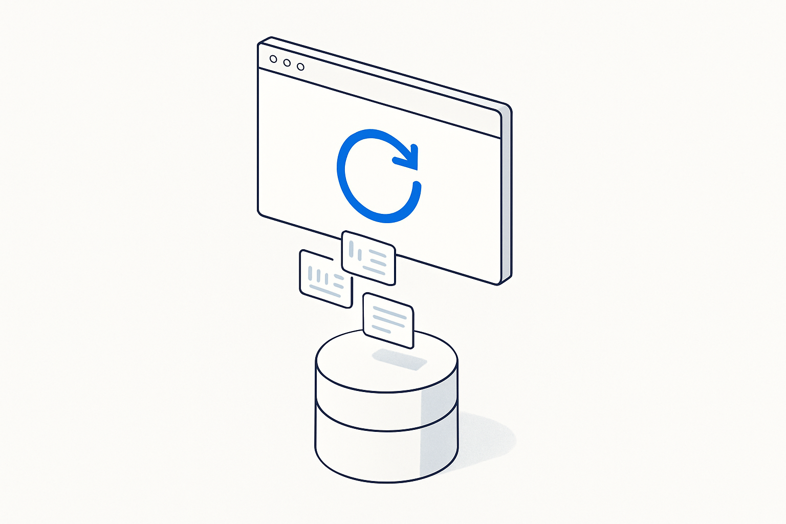 Minimalist isometric browser window with a reload arrow and small data cards saving into a database, electric-blue accent on white.