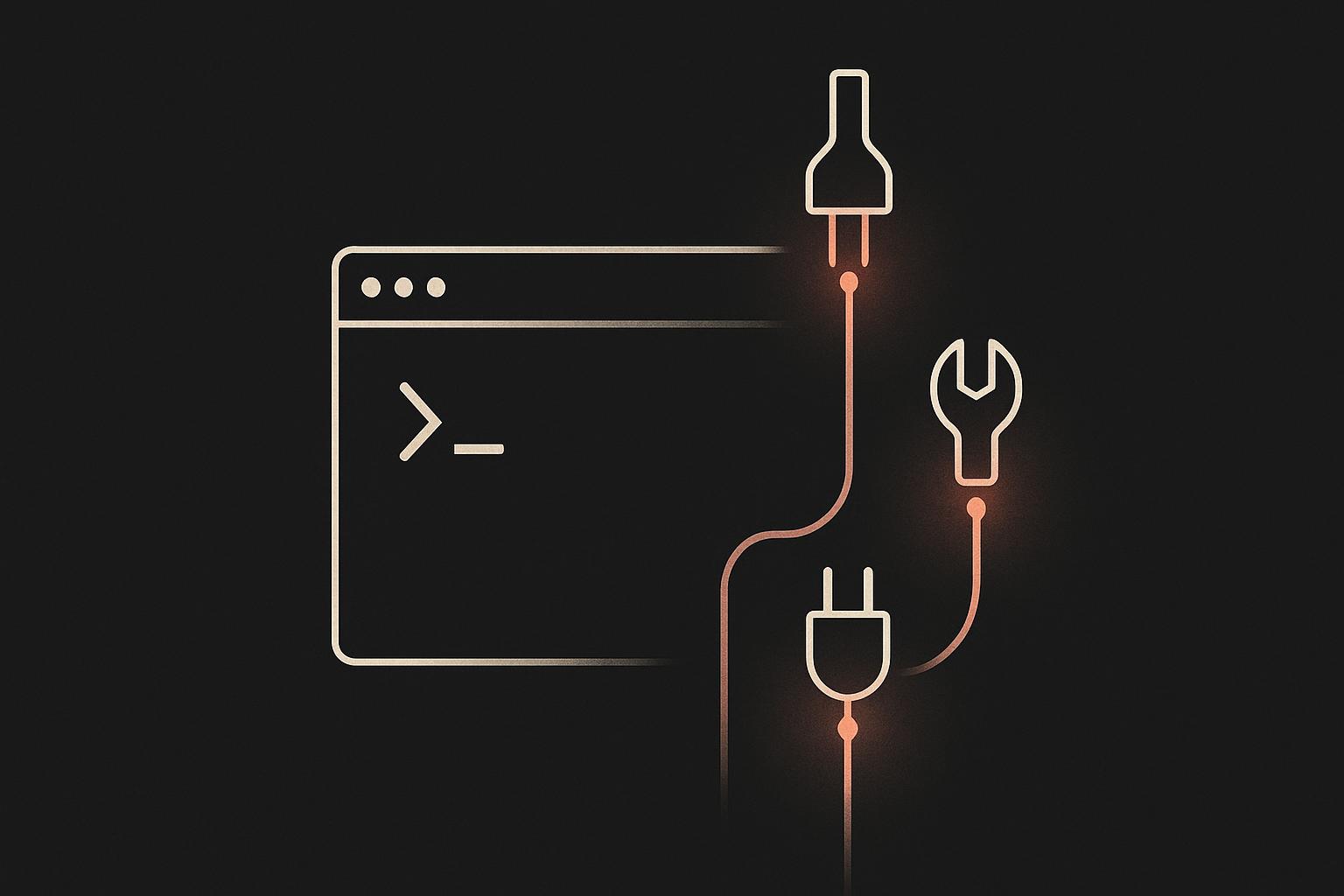 Abstract wired connectors docking into a glowing terminal window, representing custom tools plugged into a Claude agent