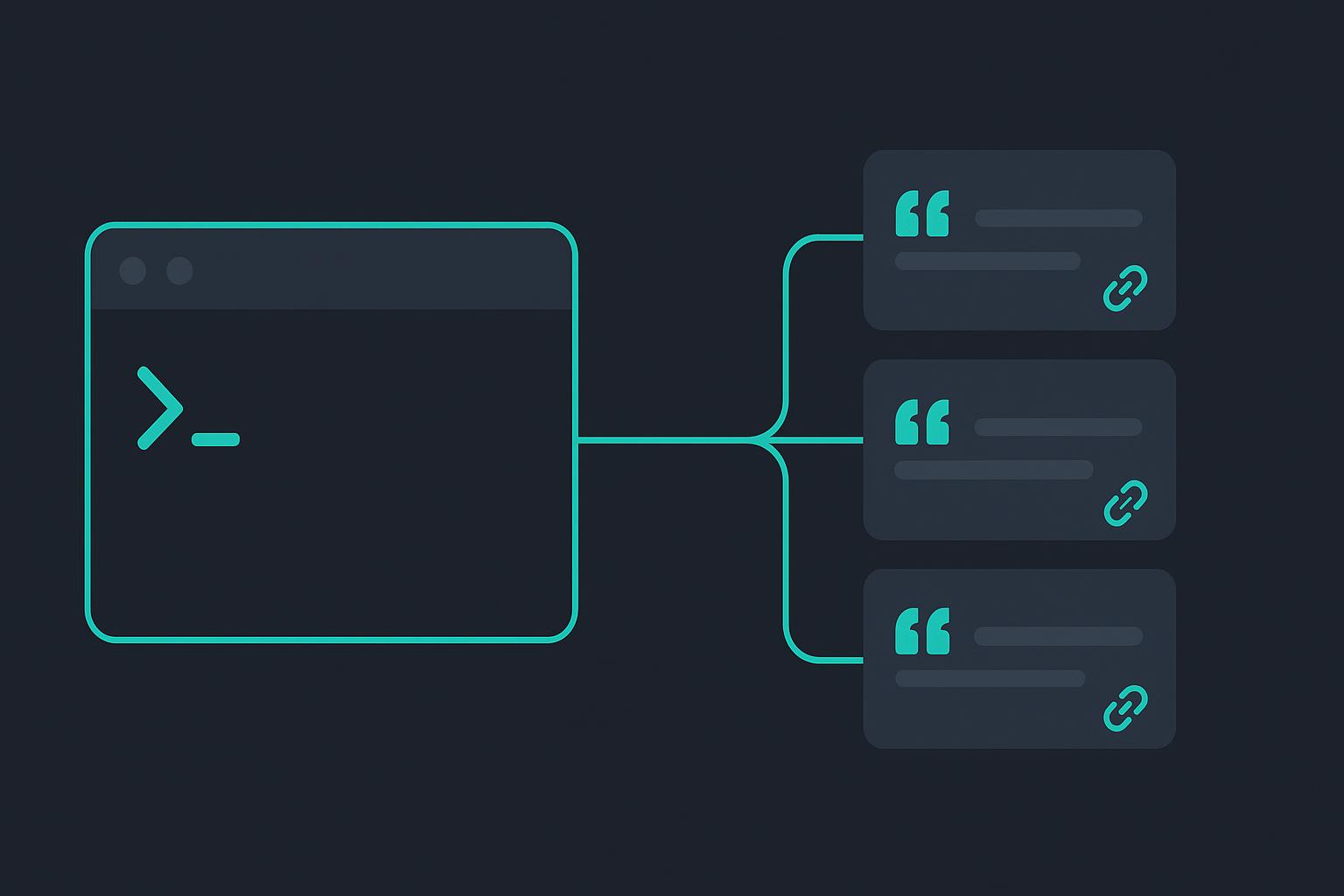 Minimalist diagram of a Python terminal connected to three cited web result cards on a dark teal background