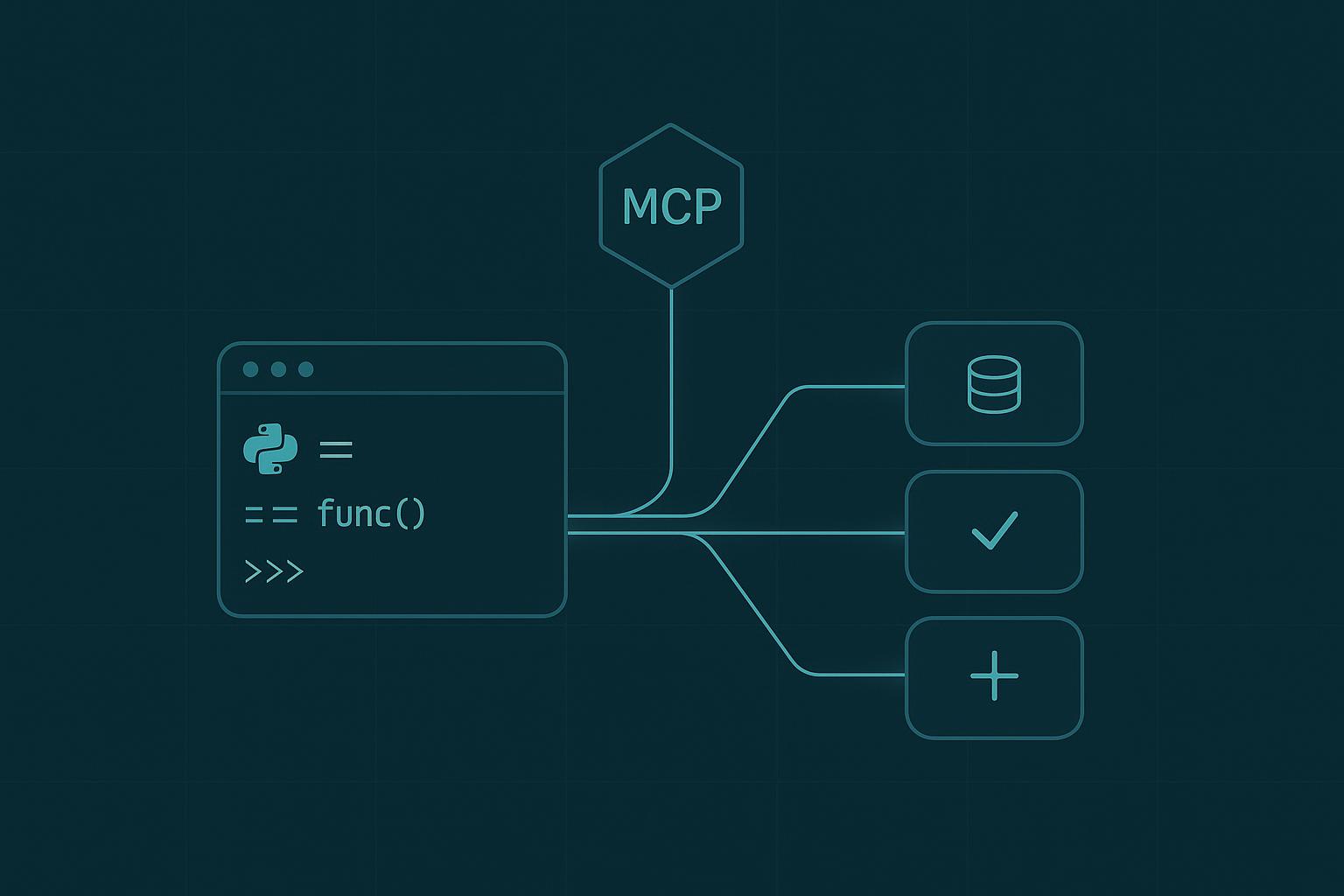 Minimalist dark-teal diagram of a Python terminal linked through an MCP hub to three tool cards