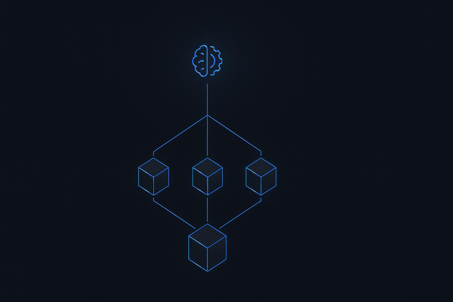 Isometric dark-mode diagram of one central orchestrator node fanning connection lines to four worker cubes that converge into a single synthesis node, electric blue on near-black