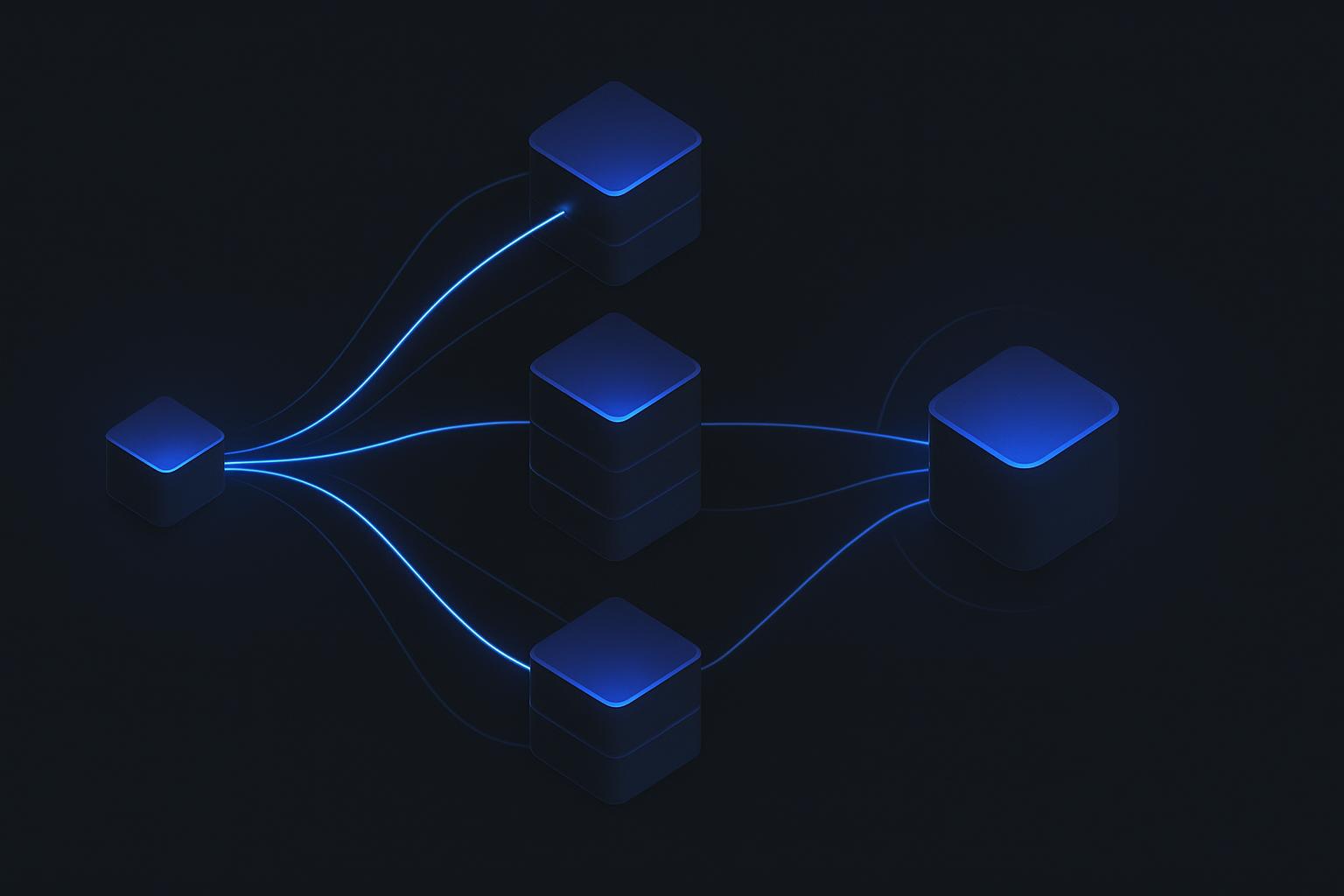 Isometric dark-mode diagram of one input node fanning three glowing lines to three parallel worker nodes that converge into a single synthesis node, electric indigo on near-black