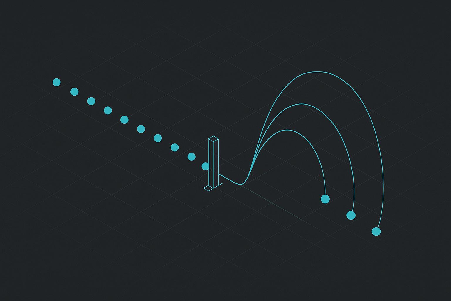 Abstract dark illustration of API request dots meeting a throttle gate and bouncing back along lengthening retry arcs, evoking rate limiting and exponential backoff.