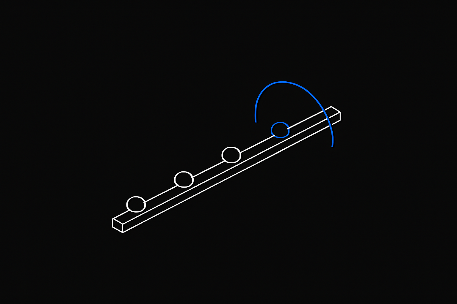 Isometric line illustration of a timeline rail with four node markers, one shifted forward, on a black background with an electric blue accent